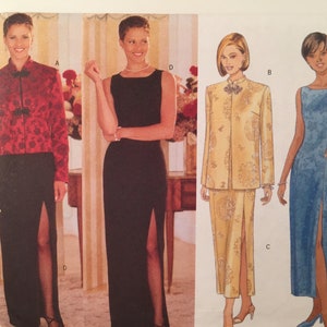 May include: A sewing pattern featuring four different dress designs. The dresses are all floor-length and have a side slit. The dresses are in black, red, yellow, and blue.