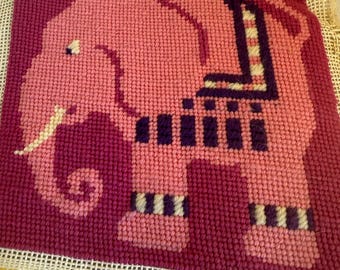 Pink Elephant, Finished Needlepoint Picture,