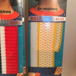May include: Two packages of knit trim for necklines and sleeves. The trim is red, white, and blue on the left and white and yellow on the right. The price is $2.25.