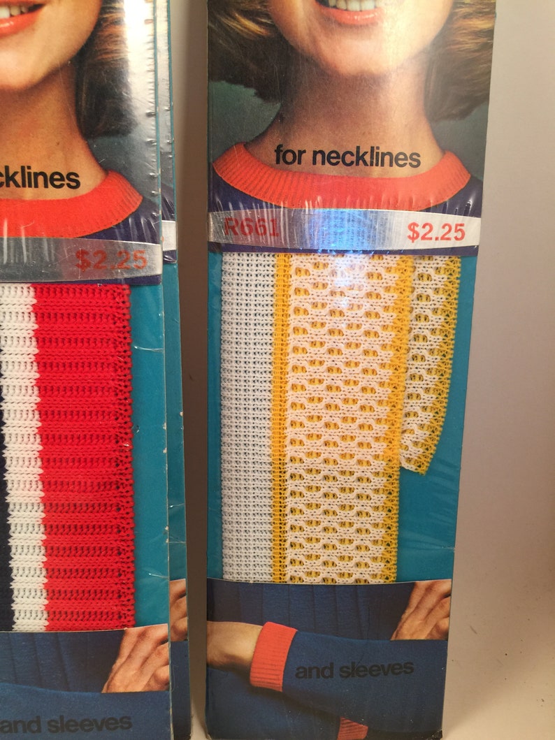 May include: Two packages of knit trim for necklines and sleeves. The trim is red, white, and blue on the left and white and yellow on the right. The price is $2.25.