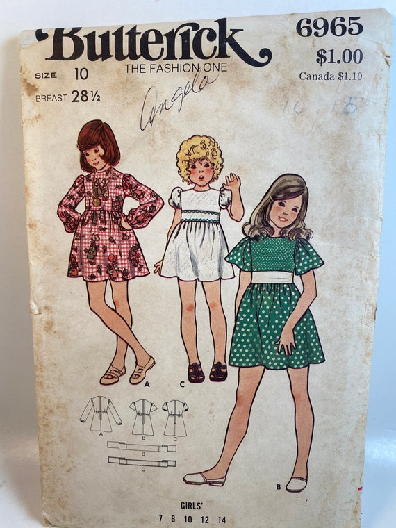 70s Girl s Dress Butterick 6965 Sewing Pattern High Waisted