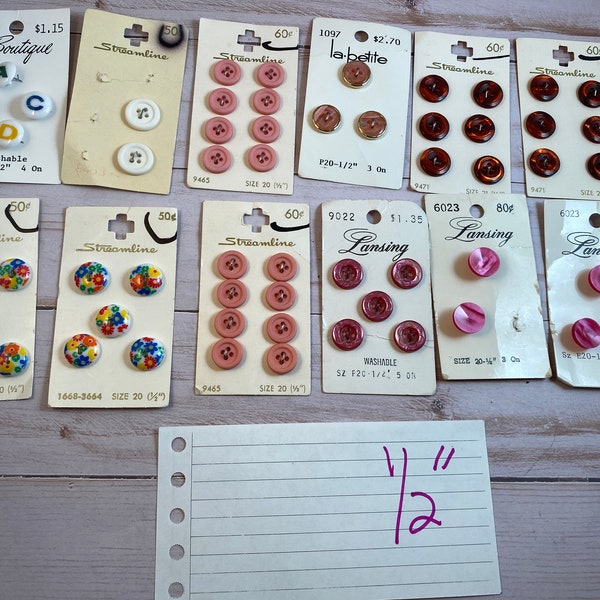 Lot of Half Inch Buttons Cards, Streamline shank Buttons, Pink Buttons, Letter Buttons