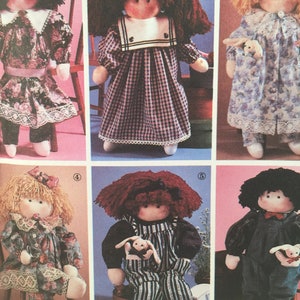 May include: A pattern for making five different dolls. The dolls are all wearing different outfits and have different hair colors. The dolls are all holding small stuffed animals. The pattern includes instructions for making the dolls and their clothes.
