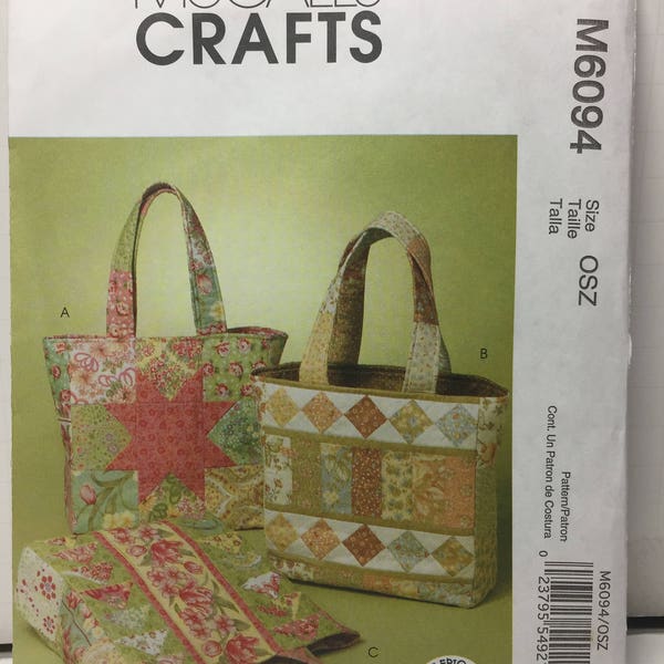 Quilted Bag, McCall's Crafts 6094, Sewing Pattern, Shoulder Purse, Tote Bag, Inside Pocket, Sewing Tote Bag, Quilt Tote Bag, Craft Tote Bag