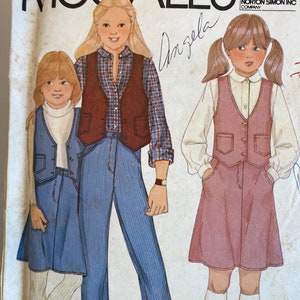 70s Girl&#39;s Vest, Skirt, McCall&#39;s 6755, Sewing Pattern, Long Pants, Front buttoned Vest, Yoked Skirt, 70s Pants