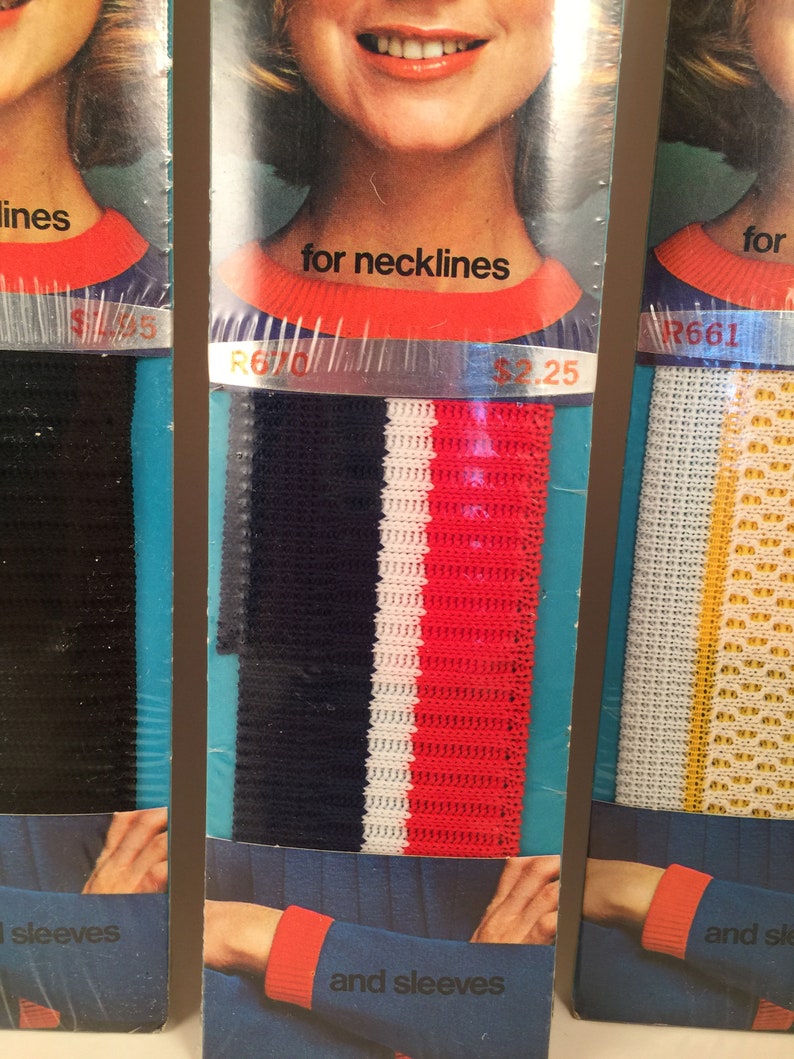 May include: Three packages of knit trim for necklines and sleeves. The trim is in different colors and patterns, including black, white, red, and yellow. The packages are labeled with the price and the trim number.