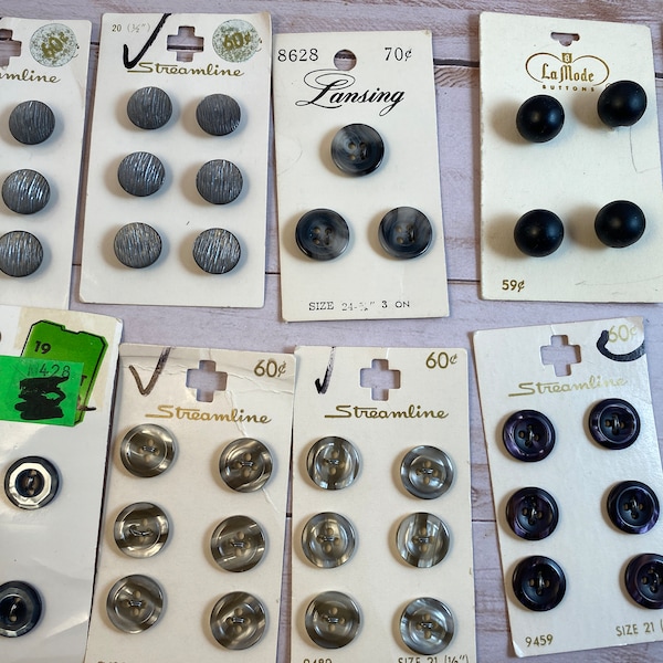 Lot 10 Black, Gray Button Cards, La Mode round half inch buttons, Streamline gray half inch buttons, Smoke shank buttons