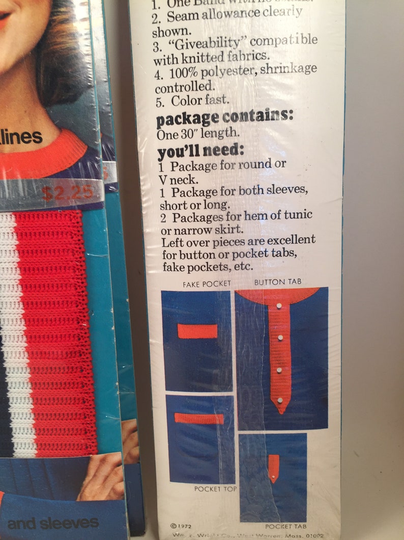 May include: A close-up of a package for a knit fabric. The package includes instructions for making a variety of garments, including a tunic, a skirt, and a shirt. The package also includes instructions for making fake pockets and button tabs. The package is blue with red and white accents. The text on the package reads "package contains: One 30" length. you'll need: 1 Package for round or V neck. 1 Package for both sleeves, short or long. 2 Packages for hem of tunic or narrow skirt. Left over pieces are excellent for button or pocket tabs, fake pockets, etc."