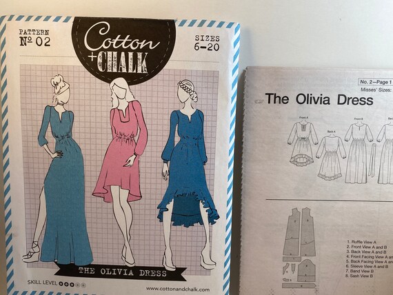 cotton and chalk olivia dress The Olivia Dress by Cotton + Chalk Sewing Pattern No. 2 UC Sizes 6-20,  Maxi, Hi-lo Hemline, Ruffle Edge, Boho