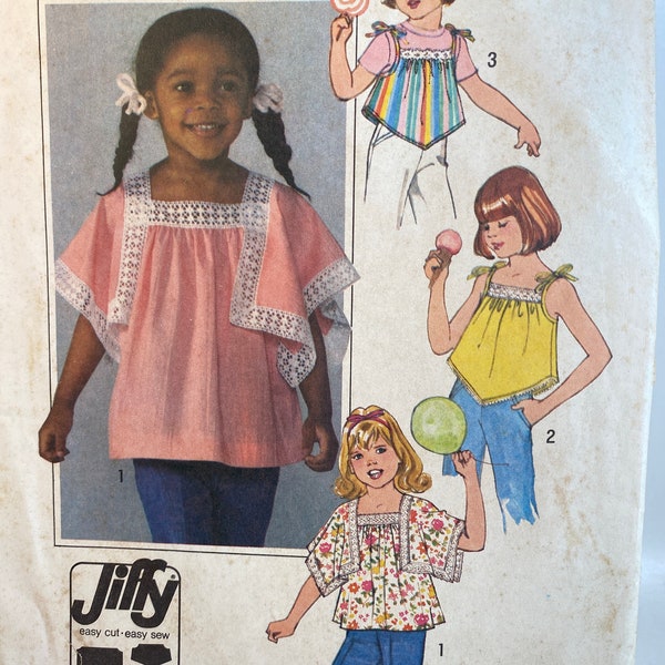 70s Child's Top, Simplicity 8091, Sewing Pattern, Pullover Tops, Laced Trimmed Top, Angel sleeves, Eyelet Trimmed, Handkerchief Hem