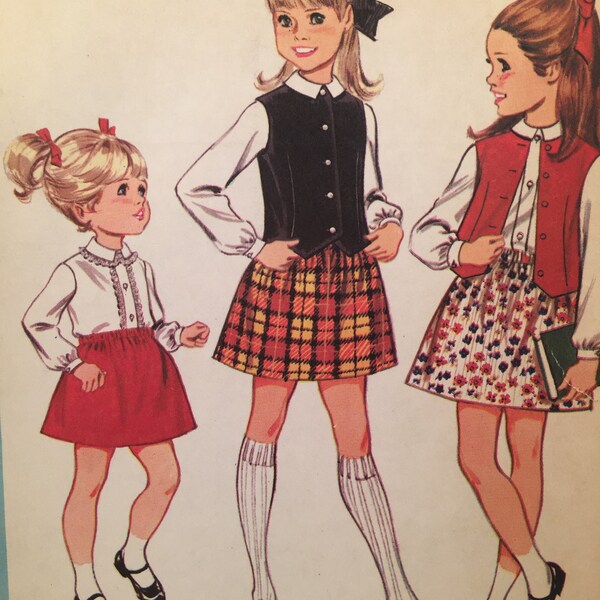 60s Child's Skirt, McCall's 9394, Sewing Pattern, Girls Blouse, Buttoned Vest, Long Sleeve Blouse,Elastic Waist Skirt Single Breasted Vest