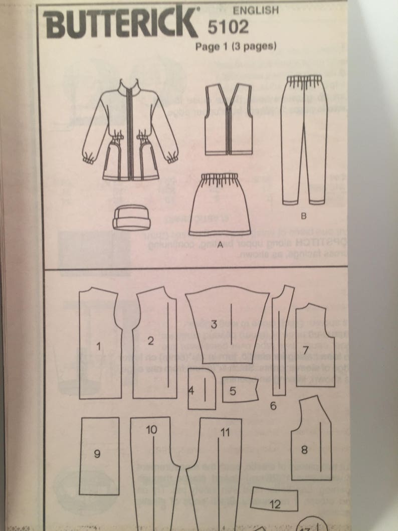 Winter Fleece Hats Vest Butterick 5102 Zipper Vest 1990s Girls Fleece Jacket Sewing Pattern Below Hip Jacket Pants A Line Skirt