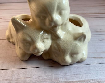 Vintage White Chalkware Cat Planter: 60s Garden Container