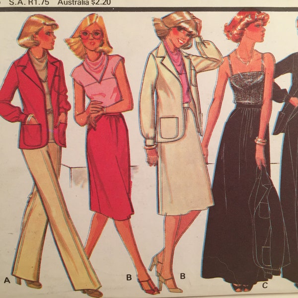 70s Misses Jacket, McCall's 5701, Skirt, Pants, Top, Stretch Knits Only, Jacket Pockets, Gathered Sleeves, Cowl Collar, Should Strap Top