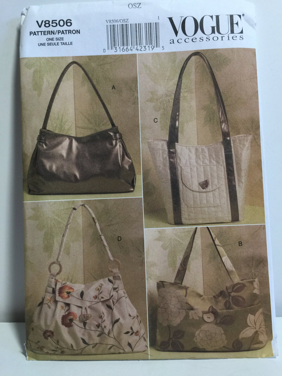 Vogue 8506 Bags Over the Shoulder Handbags Sewing Pattern Inside Pocket Outside Pocket Strap Handle Flap Purse Strap Purse 18 in wide Etsy