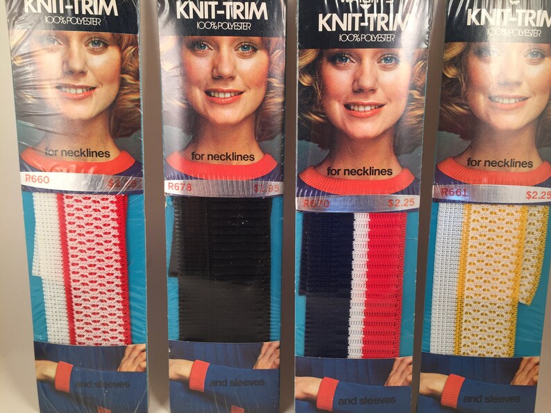 May include: Four packages of knit trim for necklines and sleeves. The trim is available in four colors: red and white, black, navy blue and white, and white and yellow. The packages feature a model wearing the trim and the text "KNIT-TRIM 100% POLYESTER" and the price.