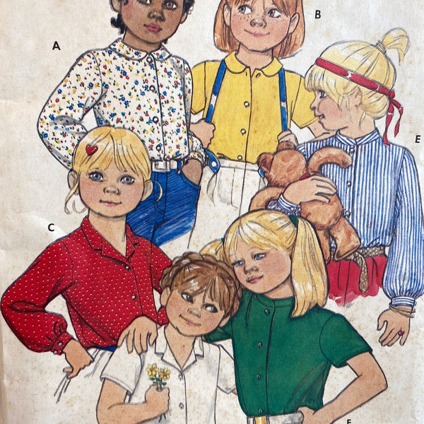 70s Children's Blouse, Butterick 4256, Sewing Pattern, Front Buttoned, Loose Fitting, Collar Blouse, Sleeve Variations, Collar Variations