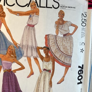 80s McCall&#39;s 7601, Size Petite Boho Peasant Skirts, 3 Lengths, 5 Styles