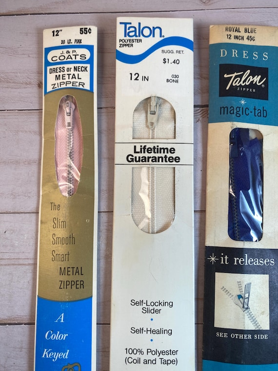 metal dress zippers Vintage 12" Dress Zippers: JP Coats Pink Metal, Talon Bone Polyester, Royal Blue