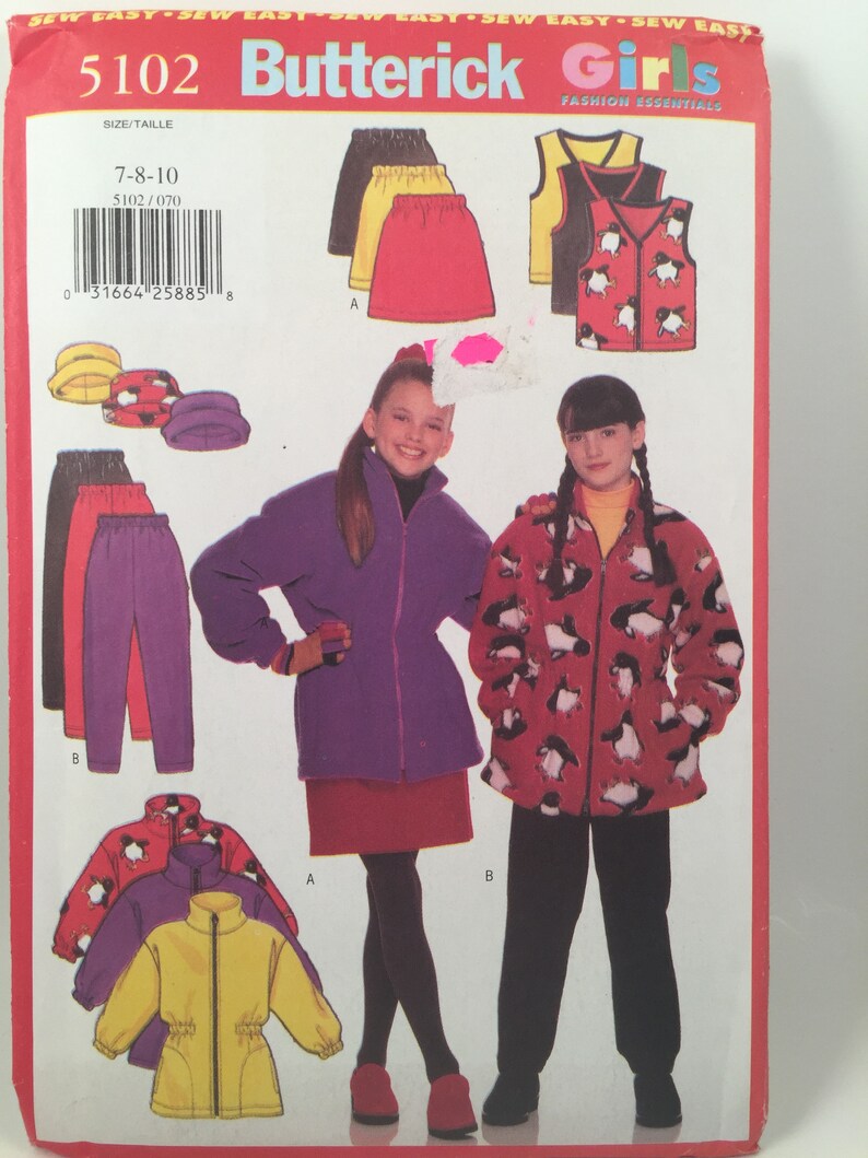 Winter Fleece Hats Vest Butterick 5102 Zipper Vest 1990s Girls Fleece Jacket Sewing Pattern Below Hip Jacket Pants A Line Skirt
