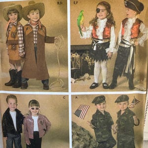 May include: A sewing pattern envelope titled Costumes for kids by Wrights featuring illustrations of children in various outfits including cowboy attire, pirate costumes with a parrot, 1950s style jackets, and camouflage military uniforms with flags.