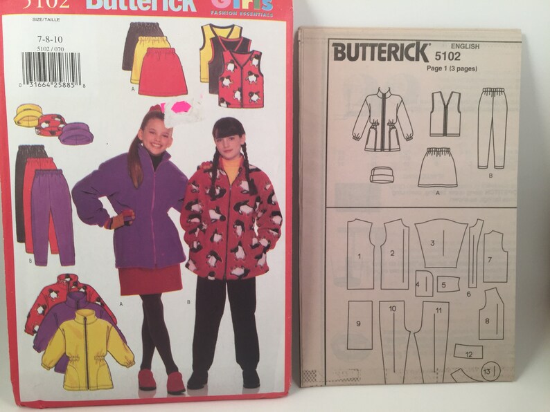 Winter Fleece Hats Vest Butterick 5102 Zipper Vest 1990s Girls Fleece Jacket Sewing Pattern Below Hip Jacket Pants A Line Skirt