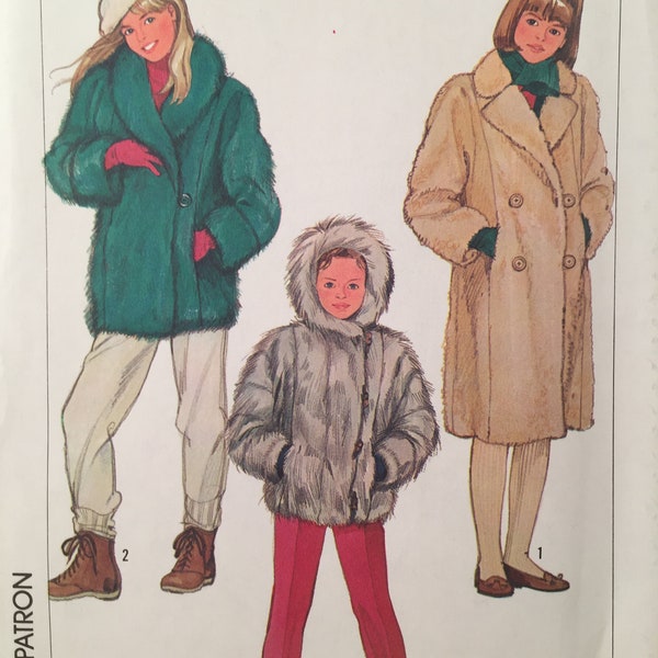 80s  Girls Faux  Fur Jacket, Simplicity 7196, Sewing Pattern, Kimono Sleeves, Girls Coat, Faux Fur Coat, Pocket Coat, Collar, Toggle Clasp