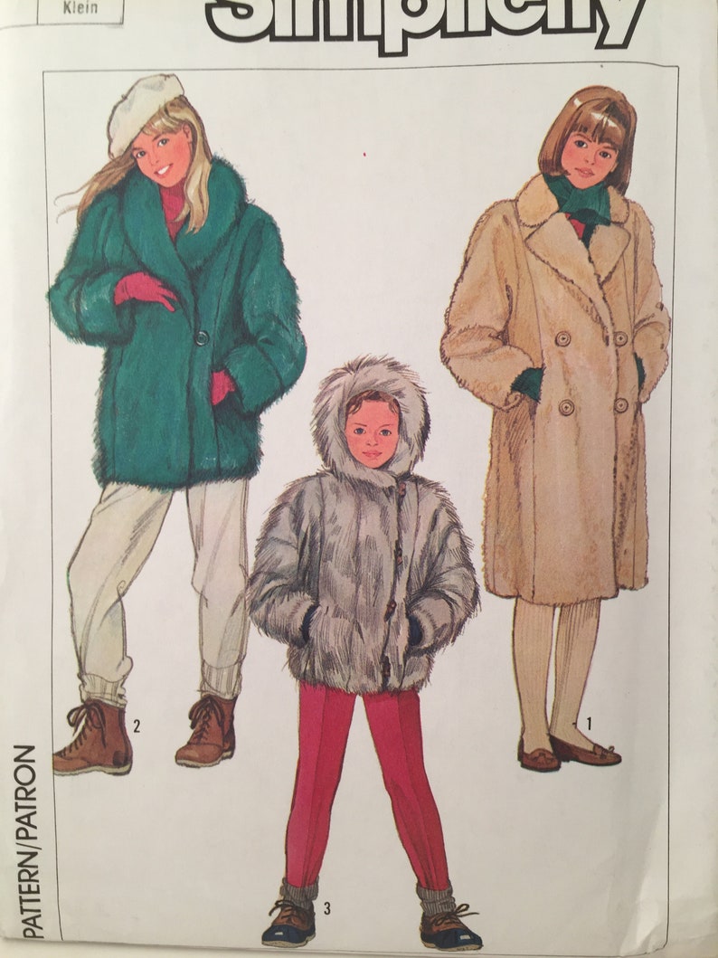 1980s Girls Fake Fur Jacket Simplicity 7196 Sewing Pattern Kimono Sleeves Coat Faux Pocket Collar Toggle Clasp