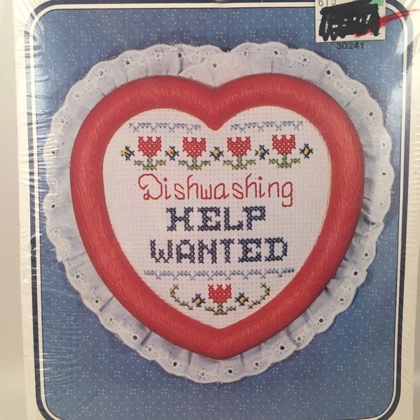 Counted Cross Stitch Kit, The New Berlin Co, Dishwashing Help Wanted,Heart Frame, Country Kitchen Decor,Needlework Kit,Beginner Cross Stitch