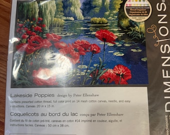 Dimensions, Needlepoint Kit, Lakeside Poppies, 14 count printed canvas,