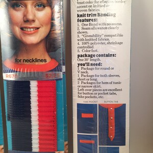 May include: A package of knit trim for finishing necklines and sleeves. The trim is 100% polyester and comes in a variety of colors. The package includes instructions on how to use the trim. The trim is 30 inches long. The package is labeled "WRIGHTS KNIT-TRIM 100% POLYESTER" and "R670 $2.25".