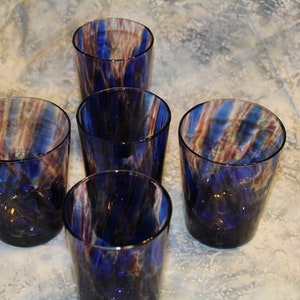 Five Vintage Cobalt Blue and Brown Art Glass Tumblers