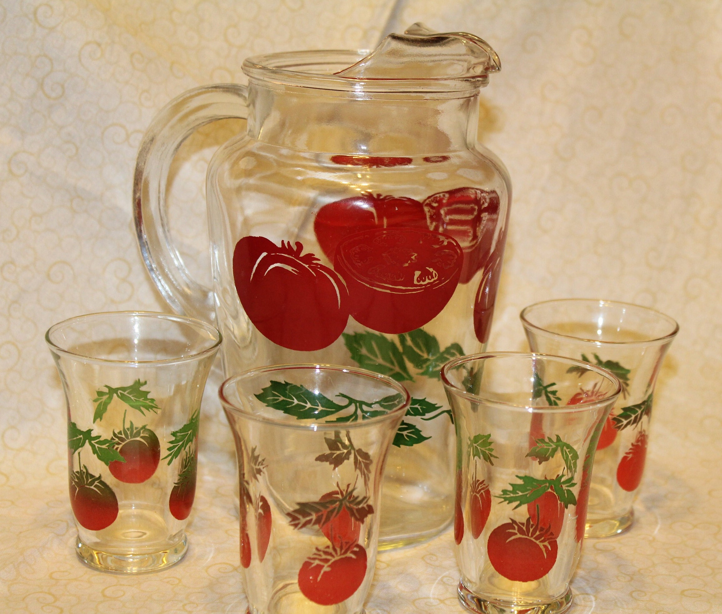 Vintage Tomato Juice Ball Pitcher with Tumbler (s) Glass 7-pc Set Reeded  Handle