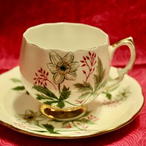 Royal Vale Bone China Rounded Cup & Saucer, White, Red and Green Flowers. Rare Find. Vintage England