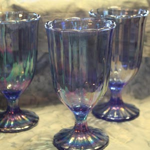 3 Vintage Pioneer Woman Iridescent Shimmer Blue Footed Goblet 12oz.