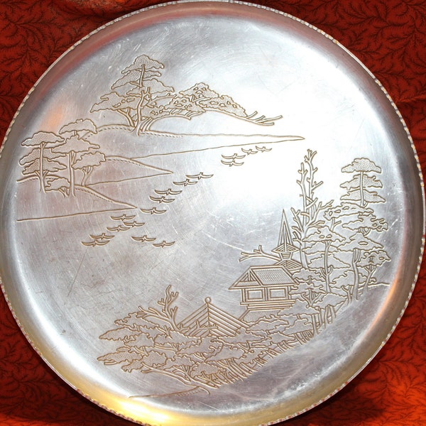 Vintage Forged Aluminum Circular Serving Tray With Asian Motif Design