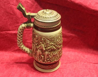 Avon 1978 Cattle Drive Beer Stein: Pewter Lidded Ceramic Mug