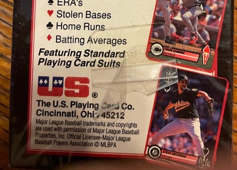 Pu&ograve; includere: Un primo piano di una scatola di carte da gioco a tema baseball. La scatola &egrave; rossa, bianca e blu con il testo "The U.S. Playing Card Co. Cincinnati, Ohio 45212" stampato sul davanti. La scatola presenta anche un logo della U.S. Playing Card Company e il testo "Featuring Standard Playing Card Suits".