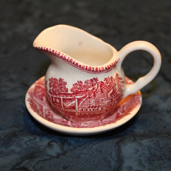 Vintage Enoch Wedgwood Miniature Creamer and Matching Saucer, "Avon Cottage" Pattern of Red Transferware