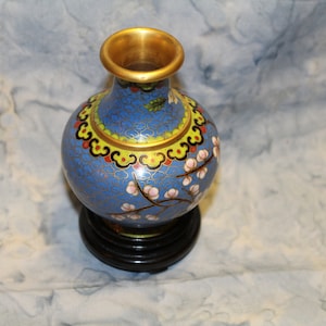 Small  Vintage  Asian Enamel Cloisonne Vase Blue with Cherry Blossom Floral Design, Hand Painted