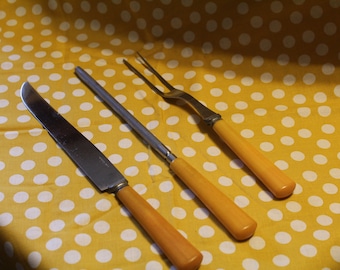 Vintage Bakelite 3 Piece Carving Set Style Meat Cutlery with Butterscotch Handles
