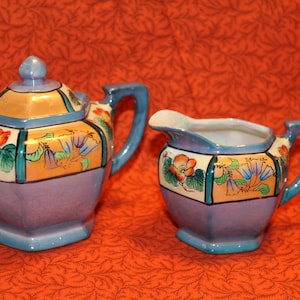 Vintage Hand Painted Lusterware Covered Sugar Bowl and Creamer Made In Japan 1950s