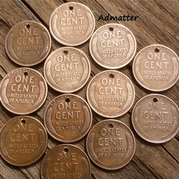 12 Wheat Cent Penny Charms Drilled Pennies Lot of 5 or 12 Authentic Antique Coins DIY Jewelry findings Necklace Bracelet Earrings Parts!