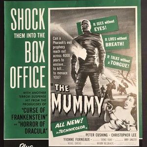 Anuncio promocional de cine de terror ORIGINAL de LA MOMIA de 1959, póster promocional de 9" x 12", ¡anuncio publicitario de película muy poco común! Peter Cushing