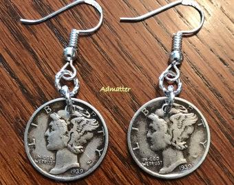 PICK YEAR SILVER Mercury Dime Earrings Birthday Gift for Women Coin Jewelry 1930 1931 1934 1935 1936 1937 1938 1939 1940 1941 1942 1944 1945