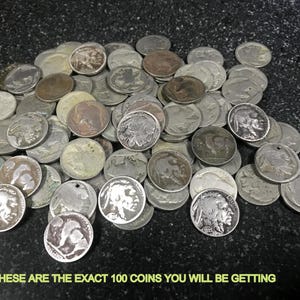 May include: A collection of silver and bronze-toned coins, featuring Native American profiles and buffalo imagery. The coins are scattered on a dark, textured surface. Text at the bottom reads: "THESE ARE THE EXACT 100 COINS YOU WILL BE GETTING."