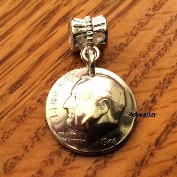 PICK YEAR Sterling SILVER Dime Necklace Pendant or Coin Bracelet Charm 1949 75th 1954 70th 1959 65th 1964  60th Silver Coin Jewelry