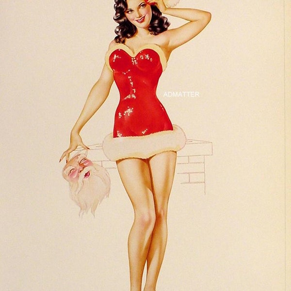 Vargas 9X12 Pin-up Girl Poster Red Hot Santa + Insanely Sexy Redhead in See Through Lingerie from 1945 Esquire Varga Paintings 2-sided Pinup