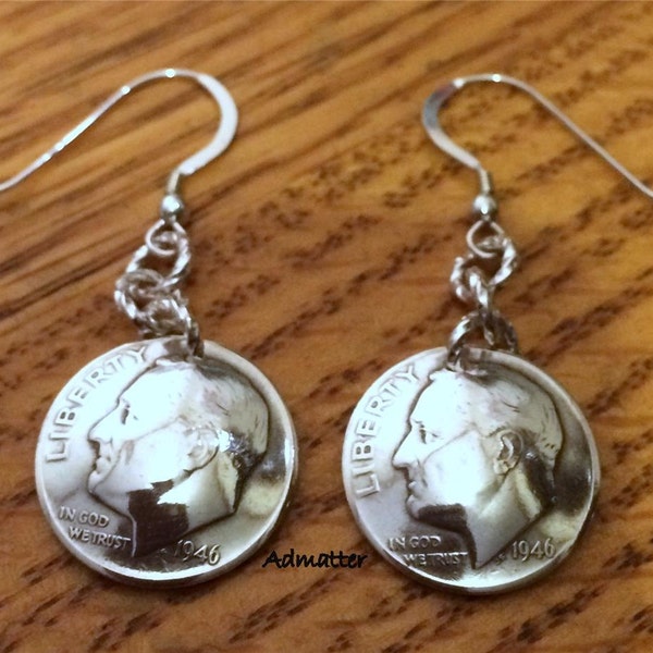 1954 70th Birthday STERLING SILVER Dime Earrings Or PICK Your Year! Solid Sterling French Hook Earwires 60 1964 Coin Jewelry Gifts for Women