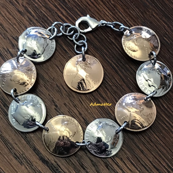 60th Birthday 1964 SiLVER Dime & Penny Bracelet Birthday Gift for Women PICK YOUR YEAR! Anniversary Sterling Copper Coin Jewelry 1954 1959